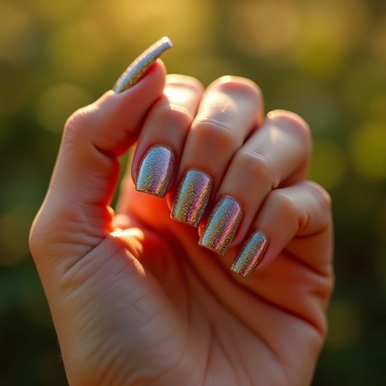 Unhas com glitter furta-cor refletindo a luz do sol.