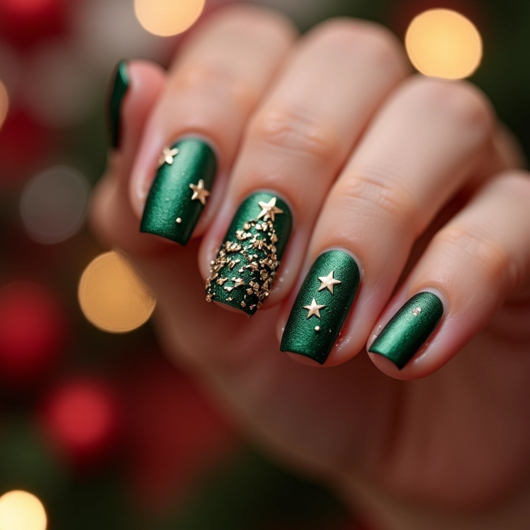 Unhas com tema de árvore de Natal e enfeites festivos.
