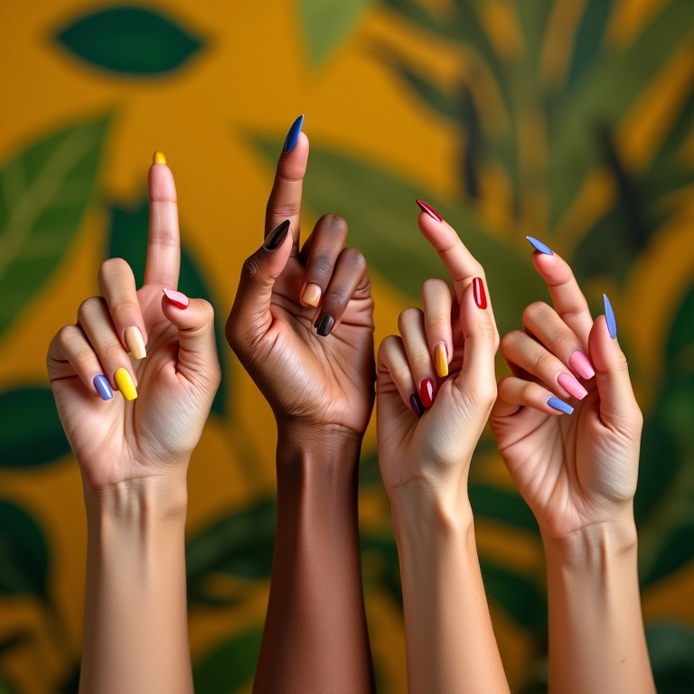 Unhas curtas e elegantes com esmaltes coloridos em mãos diversas.