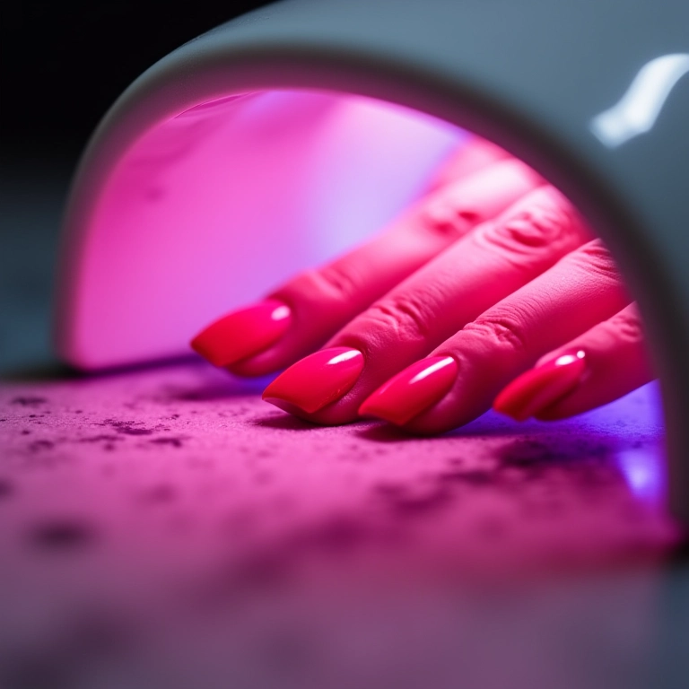 Unhas de gel sendo catalisadas sob a luz UV/LED.