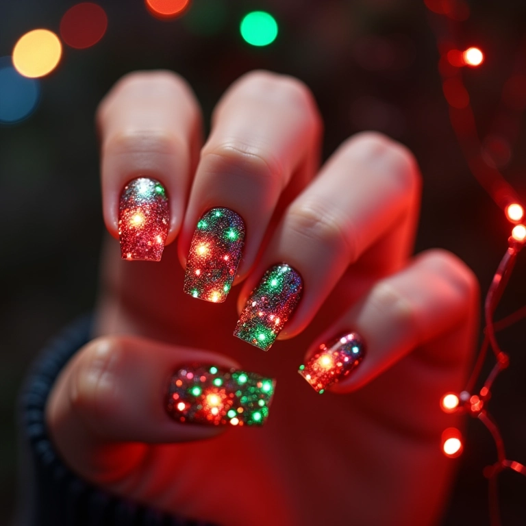 Unhas de Natal com luzes vibrantes e design alegre.