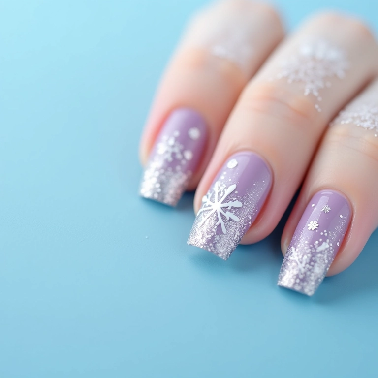 Unhas decoradas com flocos de neve delicados para o Natal.