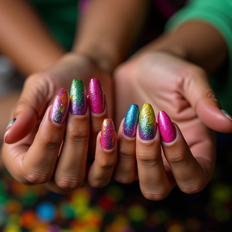 Unhas decoradas para o Carnaval com glitter e cores vibrantes.