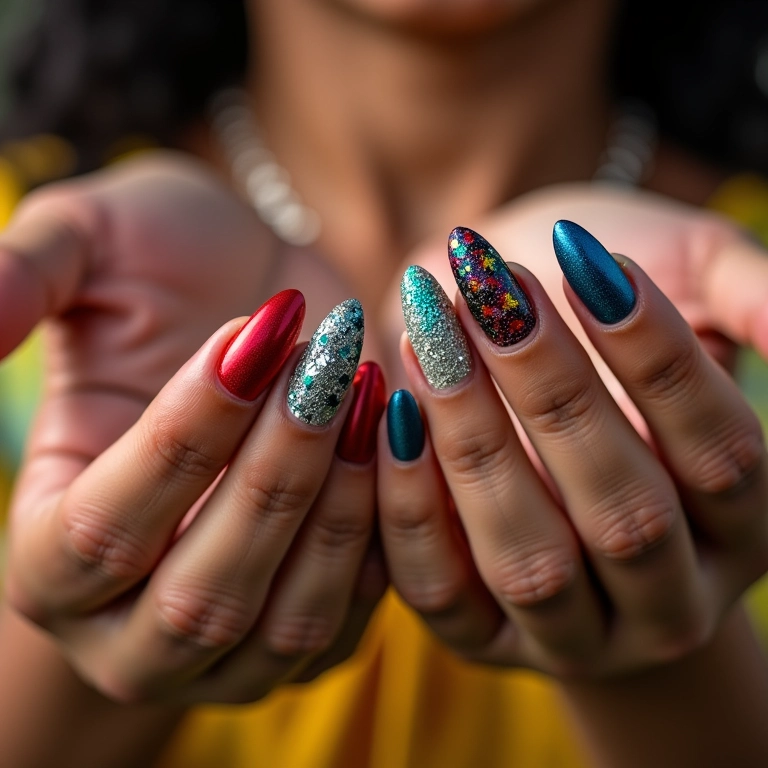 Unhas decoradas para o carnaval com glitter e nail art.