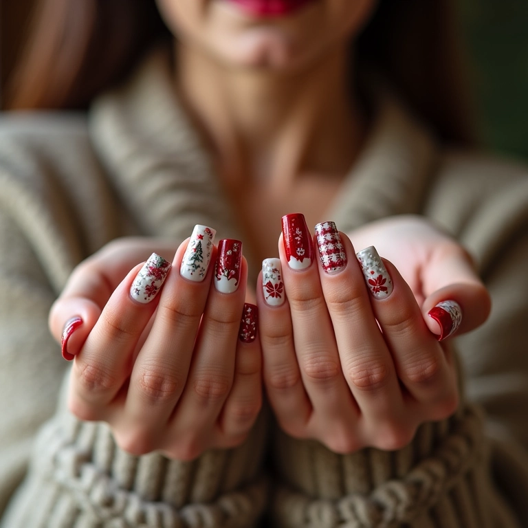 Unhas decoradas para o Natal com detalhes festivos e criativos.