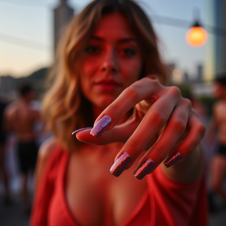 Unhas degradê com glitter em festa de Carnaval no Rio.