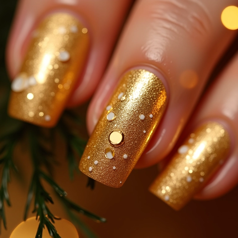 Unhas douradas luxuosas para o Natal com detalhes em folha de ouro.