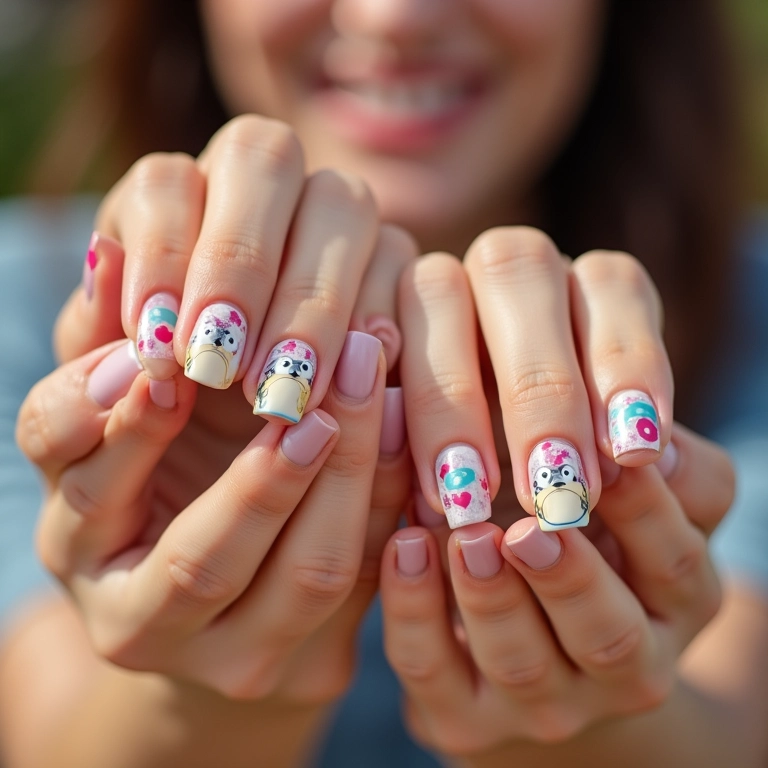 Unhas encapsuladas com adesivos divertidos.