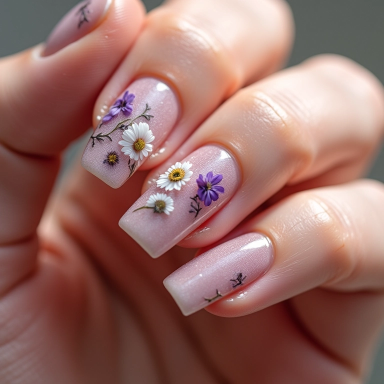 Unhas encapsuladas com flores delicadas.