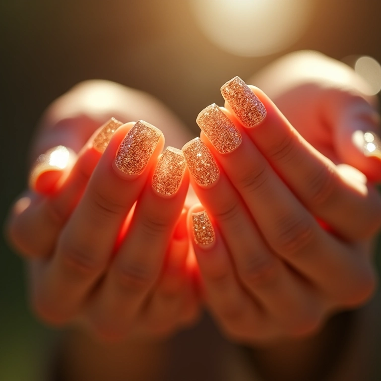 Unhas encapsuladas com glitter e brilho.