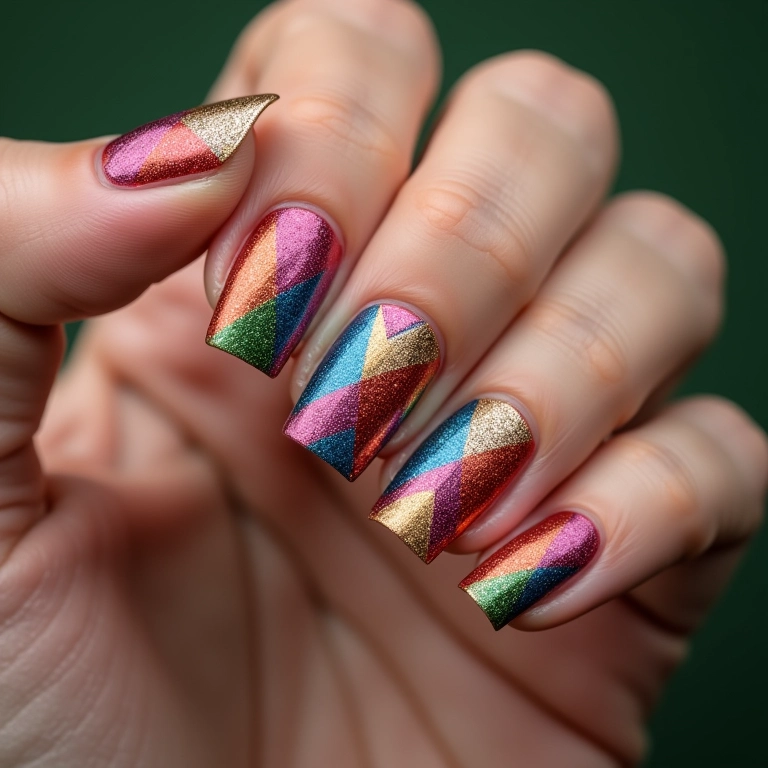 Unhas geométricas com glitter para o carnaval.