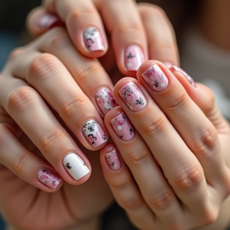 Unhas inspiradas em Hailey Bieber com diferentes estilos e cores.