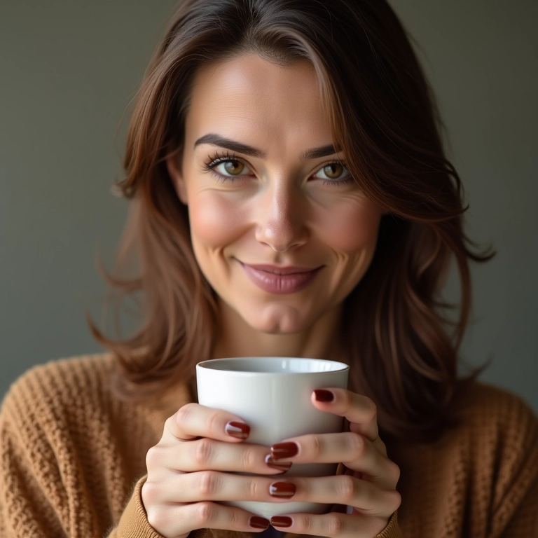 Unhas marrons em mãos de mulher de meia-idade segurando xícara de café.