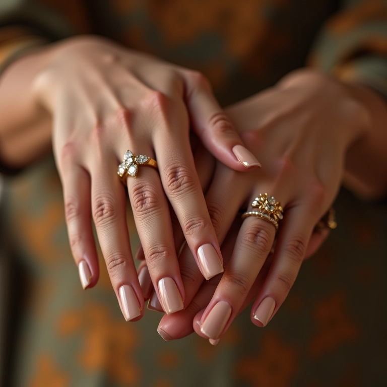 Unhas nude clássicas em mãos de mulher madura com joias elegantes.