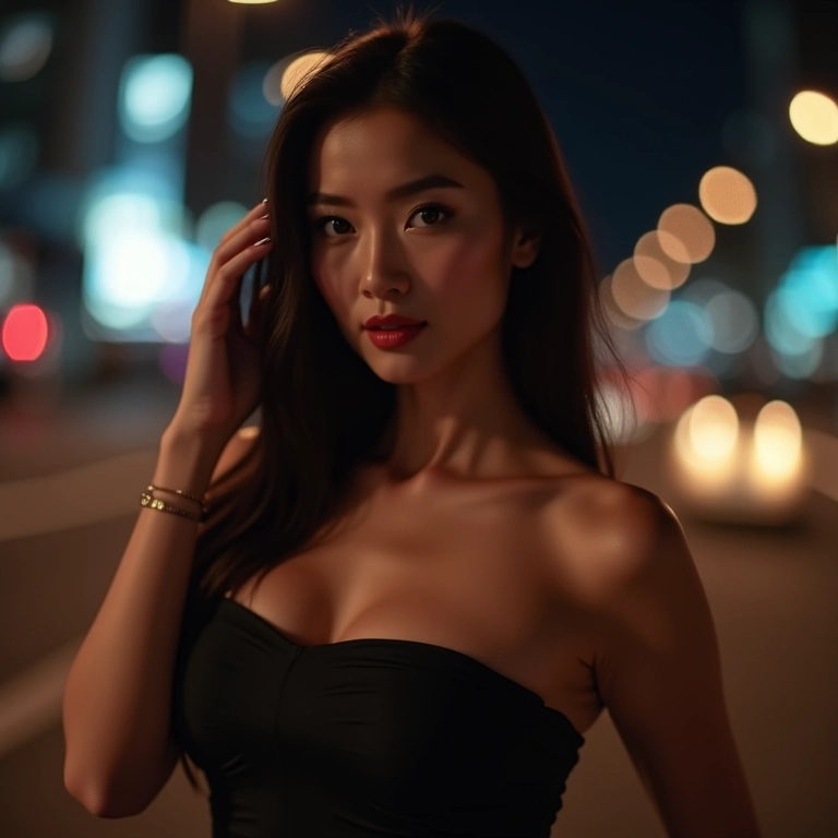 Unhas pretas em mãos de mulher asiática em uma cena noturna elegante.