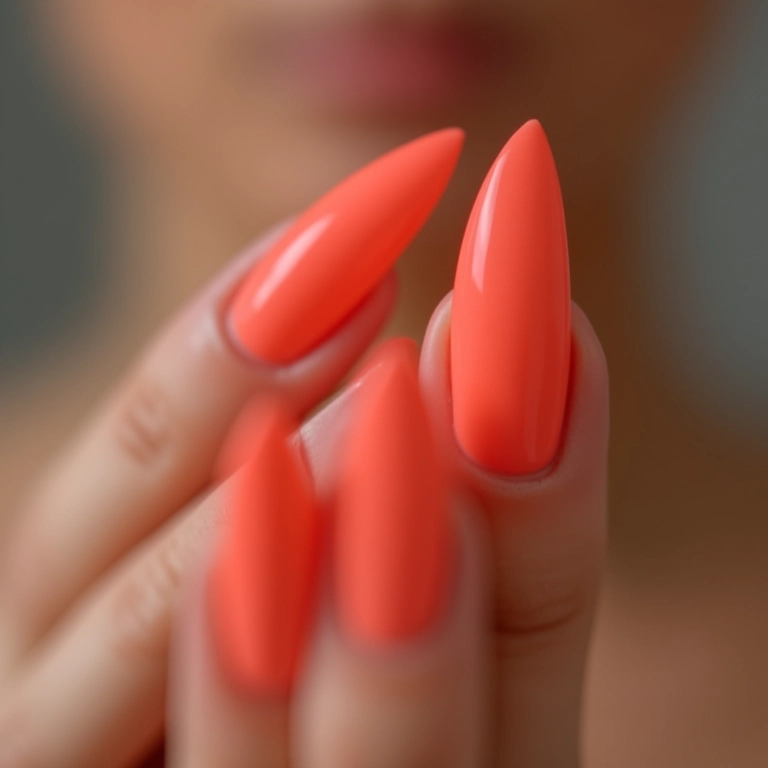 Unhas stiletto coral vibrante com formato pontiagudo perfeito.