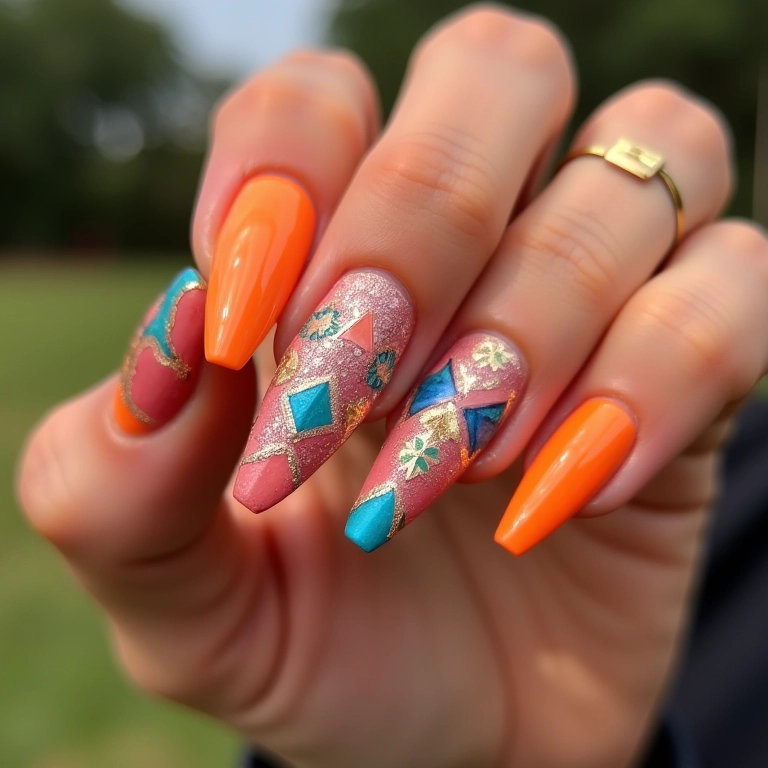 Unhas stiletto decoradas com desenhos geométricos e detalhes dourados.