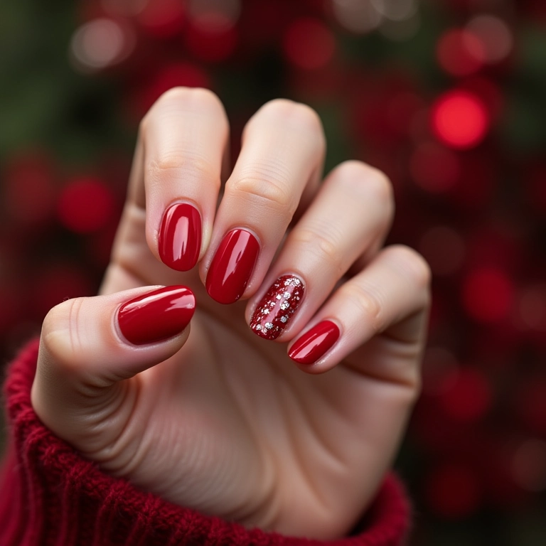 Unhas vermelhas clássicas para o Natal com toque de brilho.