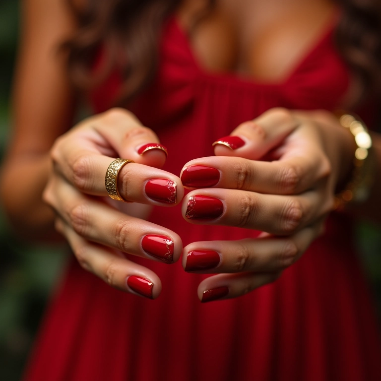 Unhas vermelhas com dourado para festa