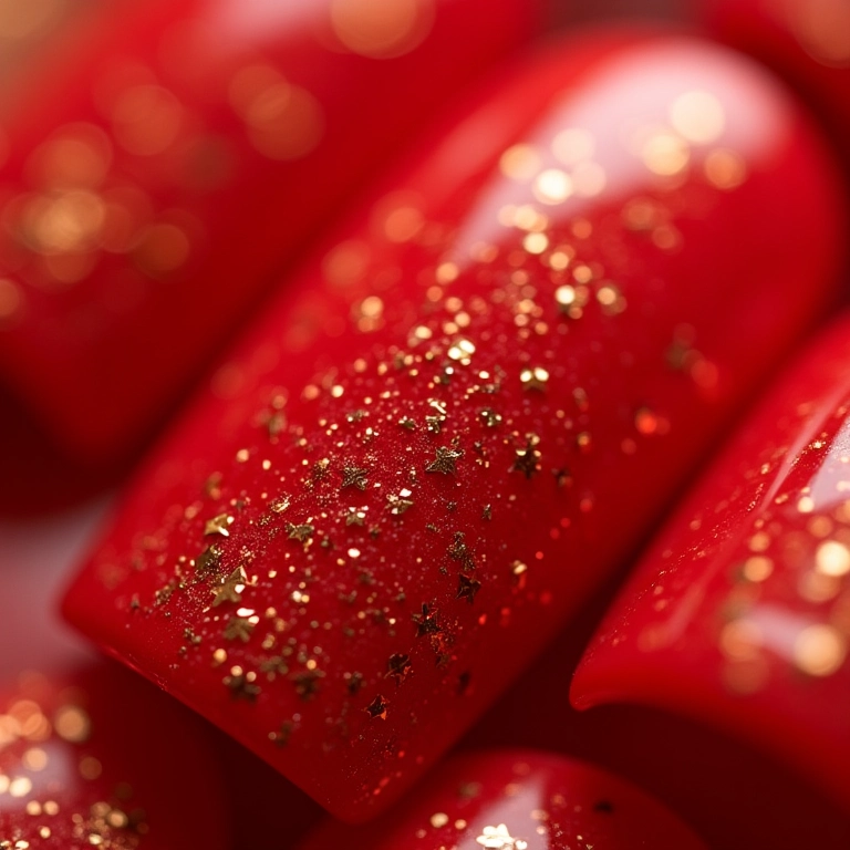 Unhas vermelhas com glitter dourado