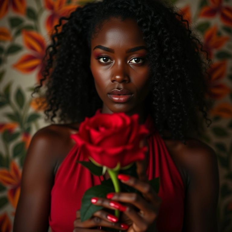Unhas vermelhas em mãos de mulher negra segurando uma rosa.