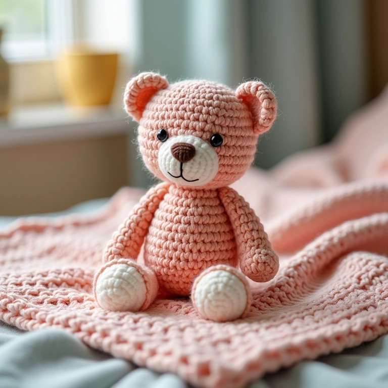 Ursinho Teddy de amigurumi em manta de crochê com tons pastel.