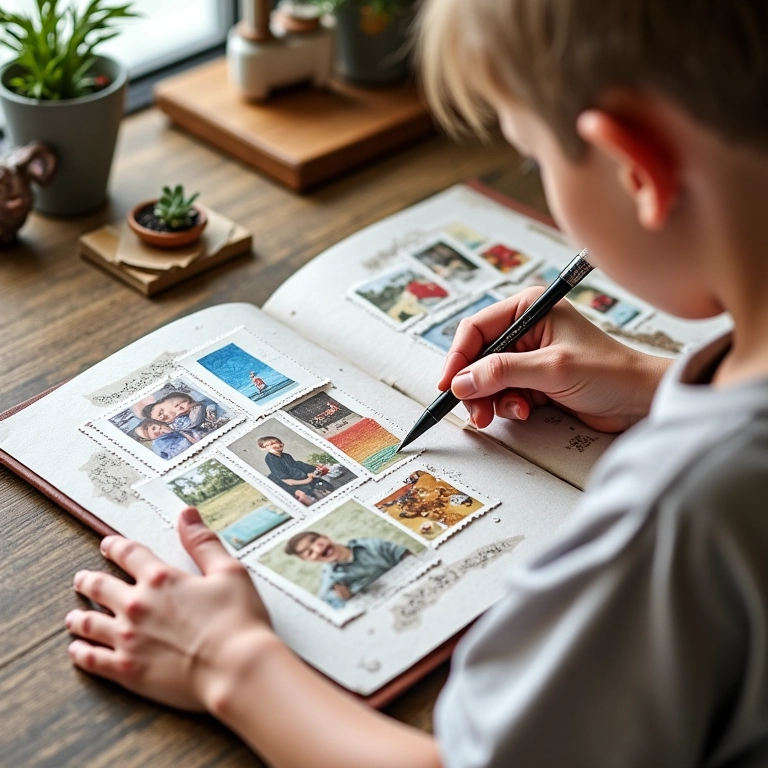 Uso de carimbos e tintas em um álbum de bebê artesanal.