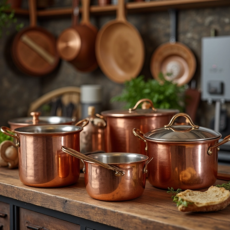 Utensílios de cozinha em cobre em uma bancada.