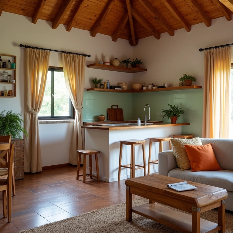 Vacation rental in Imbituba, living room with kitchen, family atmosphere. Brazilian decor, vibrant Casa de aluguel de temporada em Imbituba, perfeita para famílias.