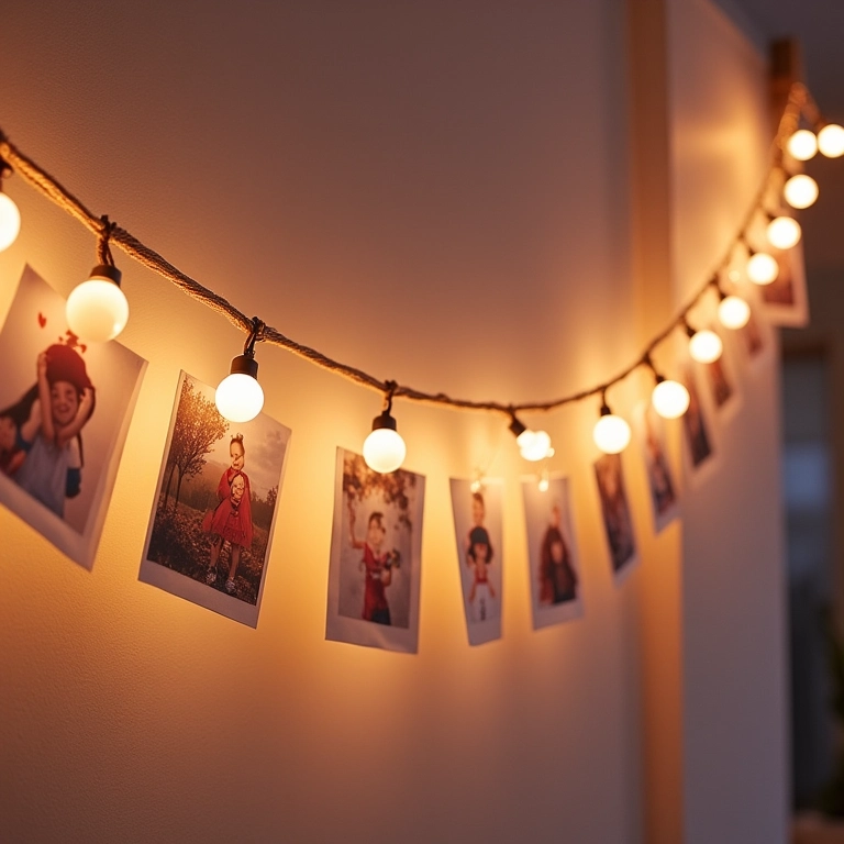 Varal de fotos com lembranças especiais em quarto Tumblr.