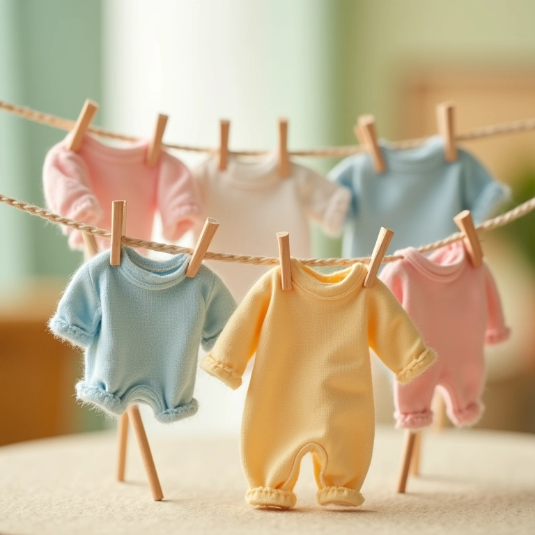 Varal de roupinhas de bebê em miniatura.