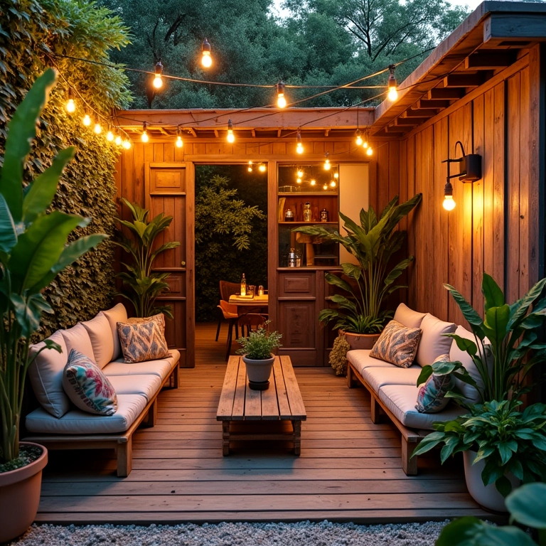 Varanda aconchegante decorada com móveis de pallets, plantas e iluminação suave.