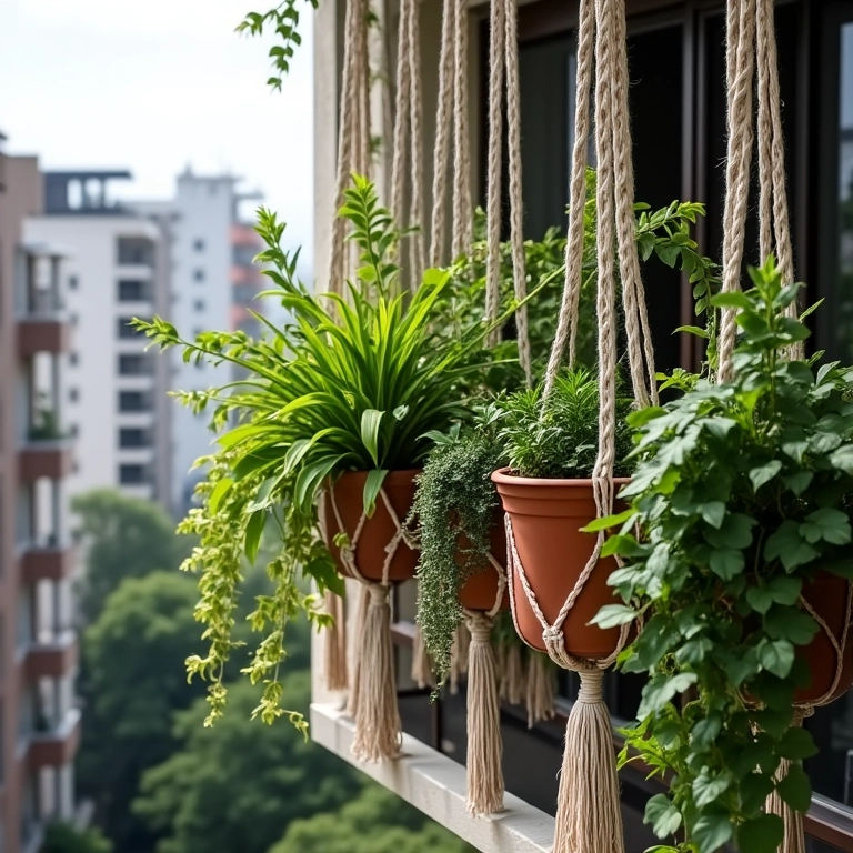 Varanda de apartamento com suportes de macramê otimizando espaço e plantas exuberantes.