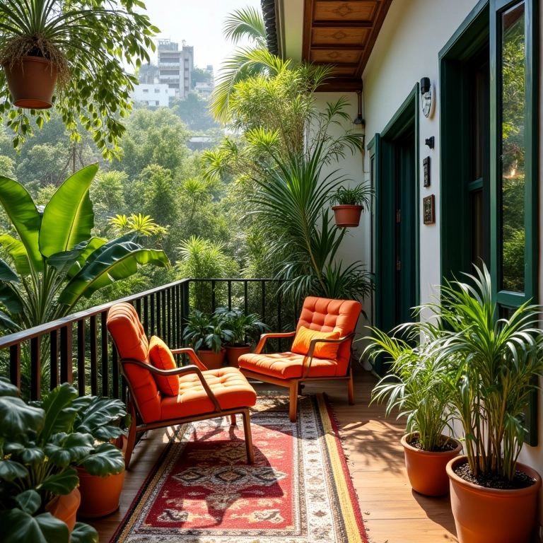 Varanda de apartamento decorada com plantas, cores vibrantes e móveis aconchegantes.