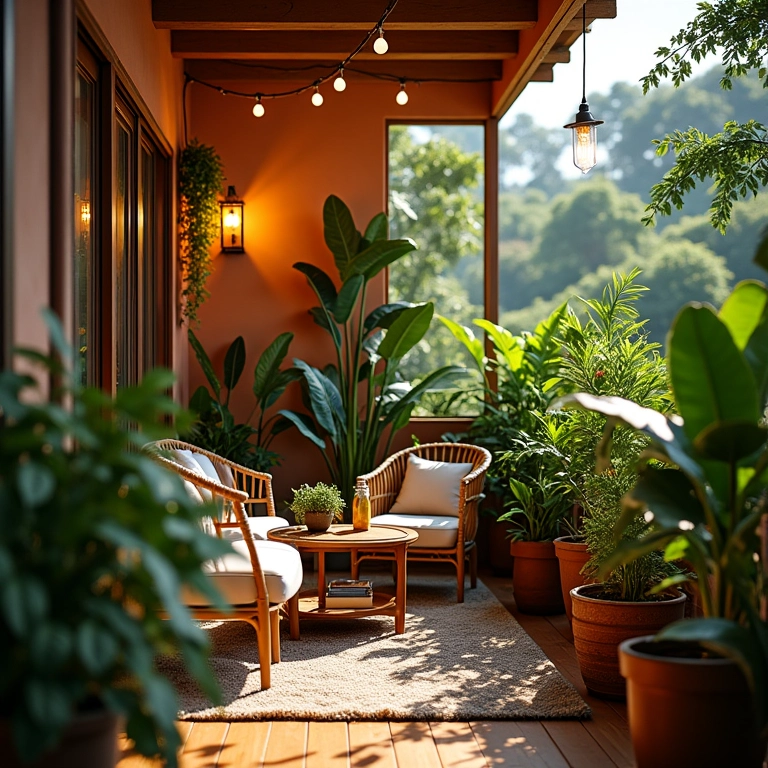 Varanda de apartamento decorada com plantas, móveis confortáveis e iluminação aconchegante.