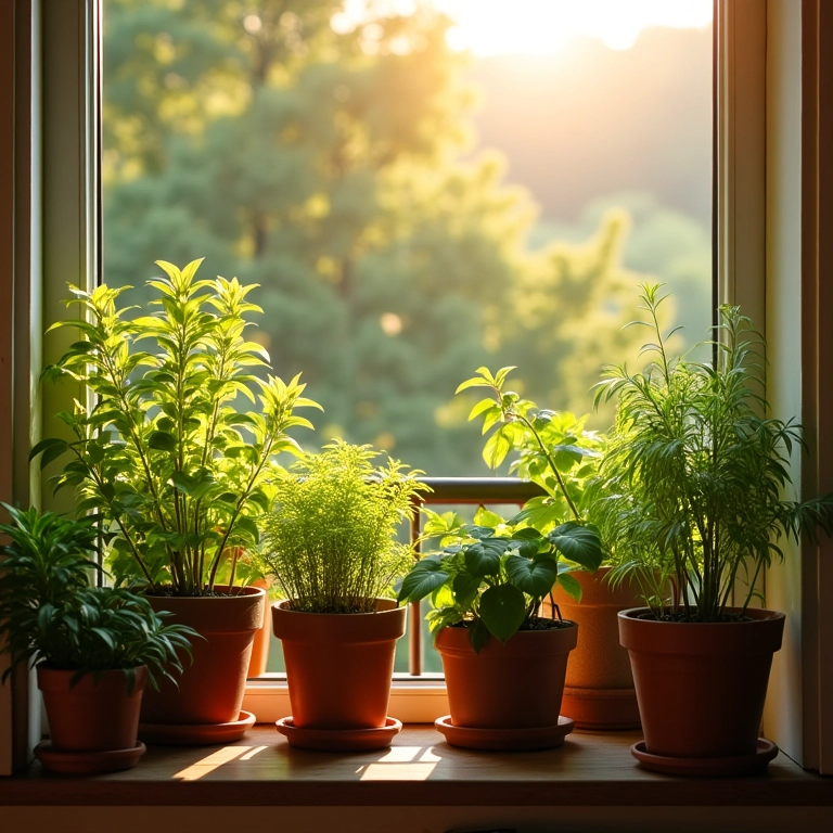 Varanda ensolarada com diversos vasos de plantas, mostrando o local ideal para uma horta caseira.