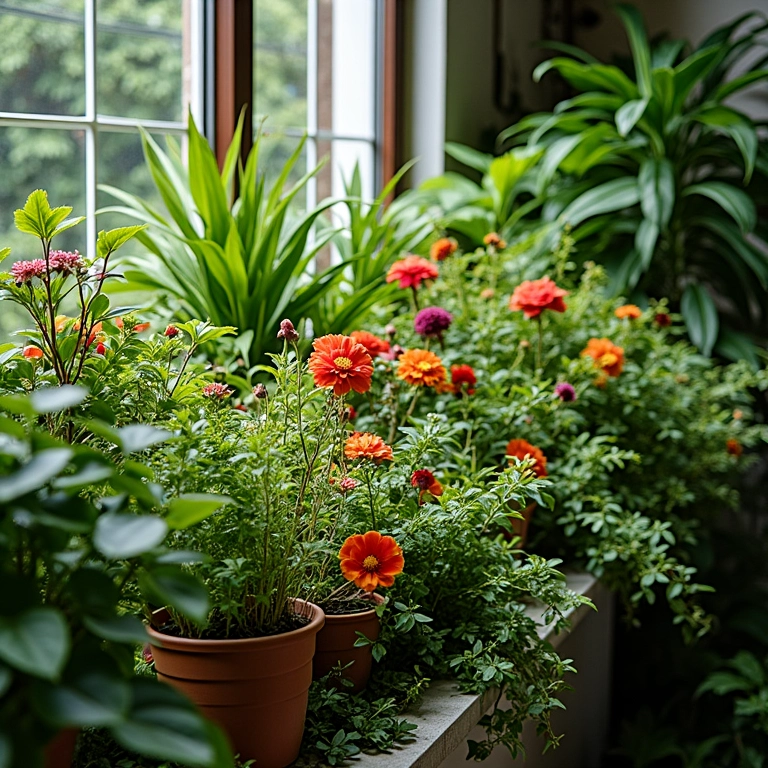 Varanda florida com diversas plantas e flores coloridas, estilo Farm Rio.