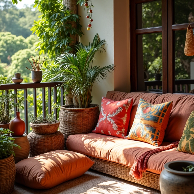 Varanda gourmet com almofadas, mantas e objetos decorativos.