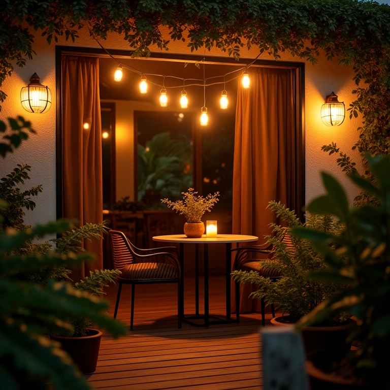 Varanda gourmet com iluminação estratégica.