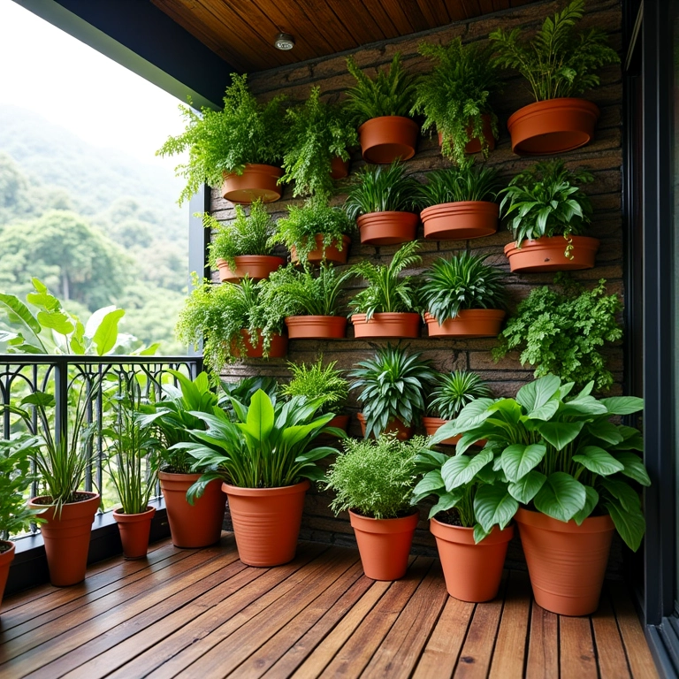 Varanda gourmet com jardim vertical e vasos de plantas.