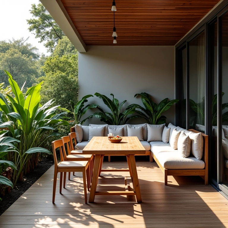 Varanda gourmet com mobiliário funcional e confortável.