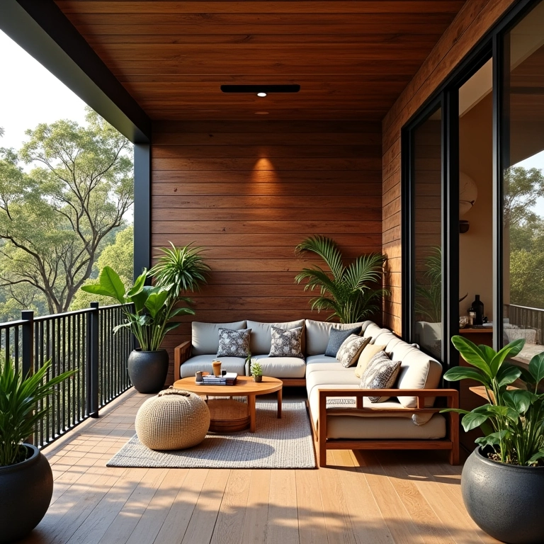 Varanda gourmet com revestimentos de madeira e tijolinho.