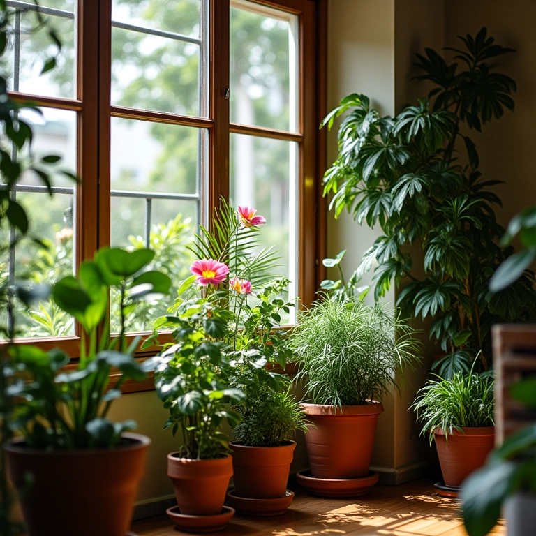 Varanda pequena com jardim vertical e diversas plantas.