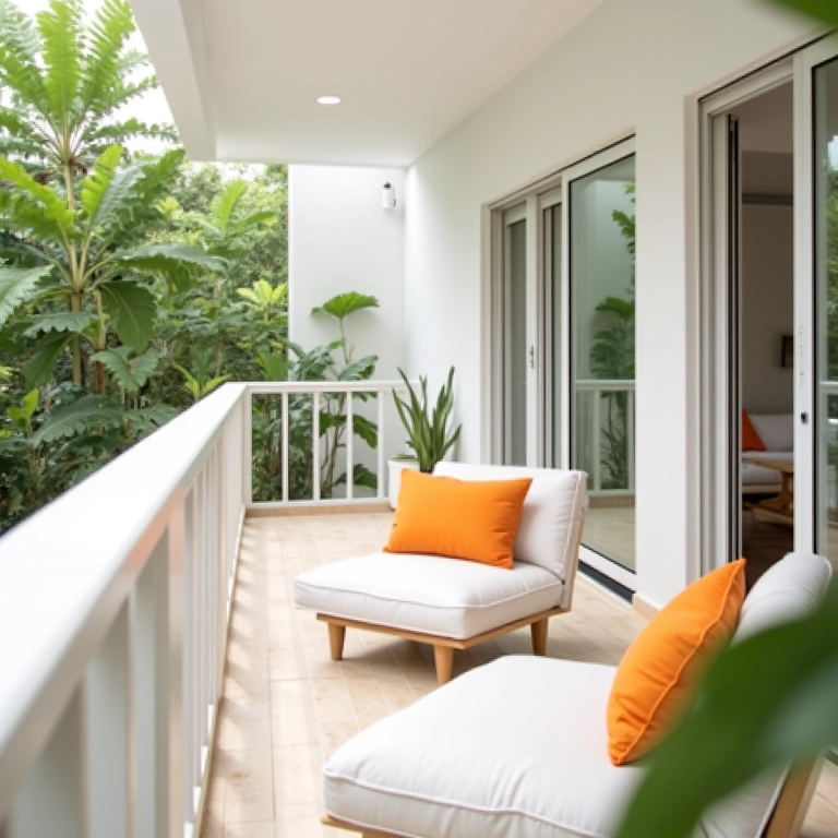 Varanda pequena decorada com cores claras para ampliar o espaço.