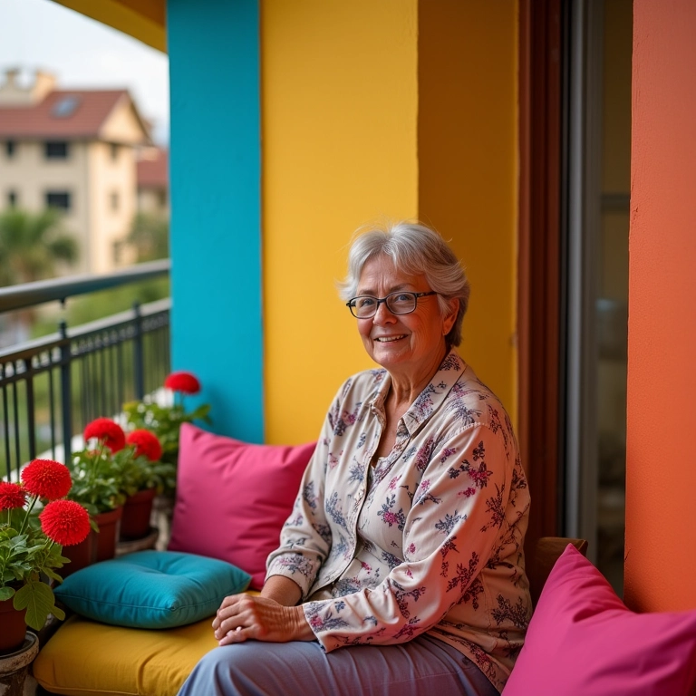 Varanda vibrante com almofadas coloridas e paredes pintadas.