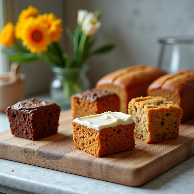 Variedade de bolos caseiros em balcão de cozinha com decoração floral.