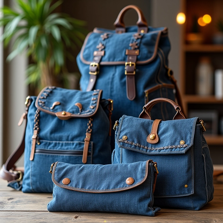 Variedade de bolsas e mochilas personalizadas feitas de jeans reciclado.