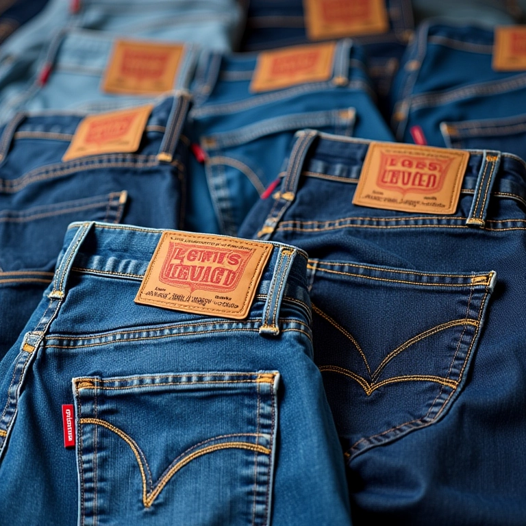 Variedade de calças jeans da Levi's em diferentes estilos e lavagens.