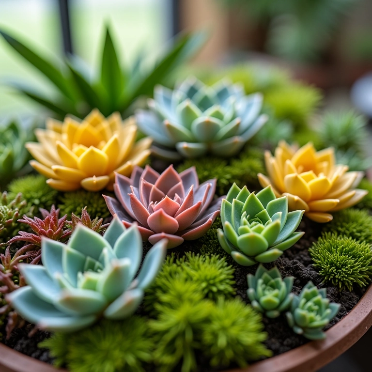 Variedade de cores e formatos em suculentas kokedama.