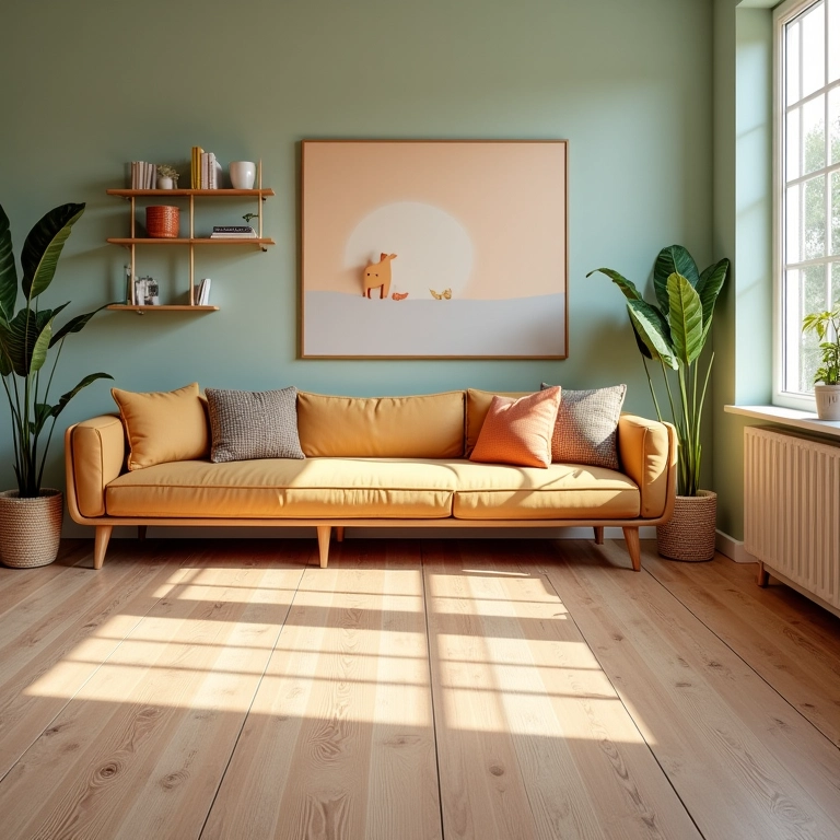 Variedade de designs e estilos de pisos laminados e vinílicos em uma sala decorada.